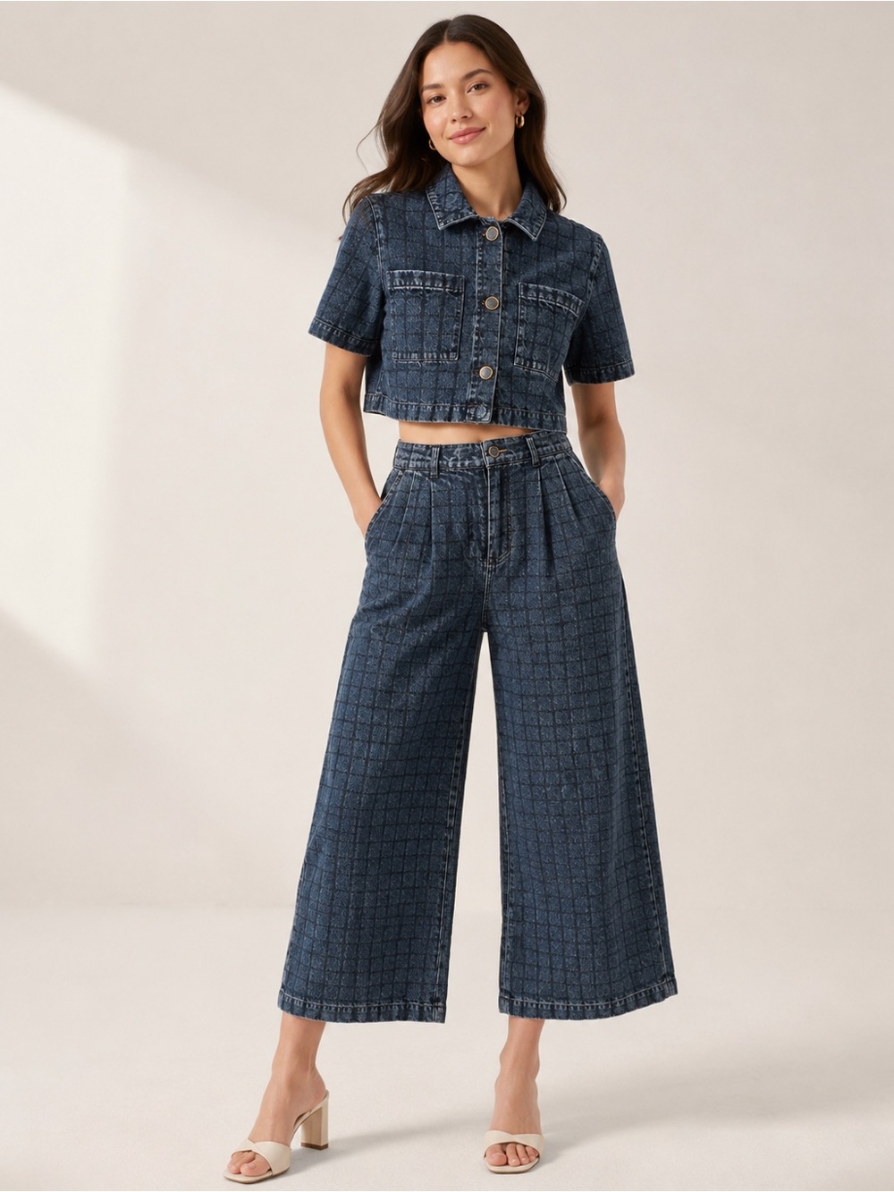 NWT β§π House of Harlow 1960 πβ§ Dark Blue Quilted Denim Set Wide Leg Jeans S - Picture 3 of 4